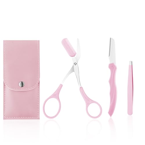 MAYCREATE 3Pcs Eye Brow Scissor Eyebrow Removal Tweezer Eyebrow Trimmer Razor Facial Hair Shaper Eyebrow Trimming Make Up Tool with PU Leather Case Shave and Hair Removal, Pink MAYCREATE 3Pcs Eye Brow Scissor Eyebrow Removal Tweezer Eyebrow Trimmer Razor Facial Hair Shaper Eyebrow Trimming Make Up Tool with PU Leather Case Shave and Hair Removal, Pink